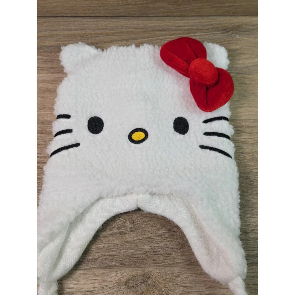 Hello Kitty Hat With Red Bow And Braided Tassels Winter Kids Wear Cute Warm